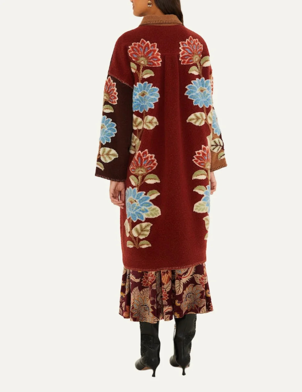  Farm Rio Women’s Brown and Burgundy Floral Fleece Midi Coat back view