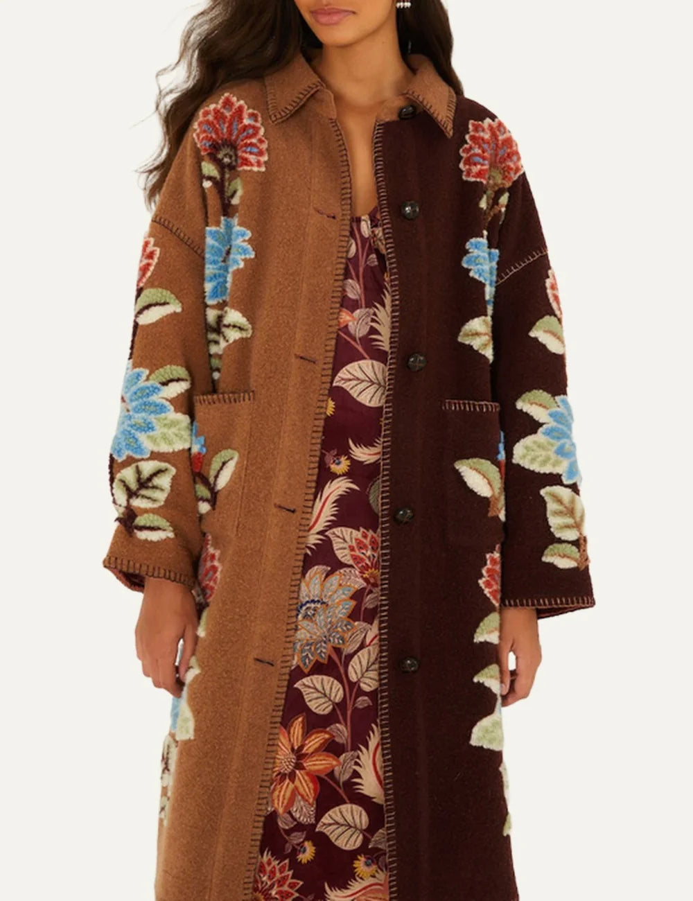  Farm Rio Women’s Brown and Burgundy Floral Fleece Midi Coat close up details