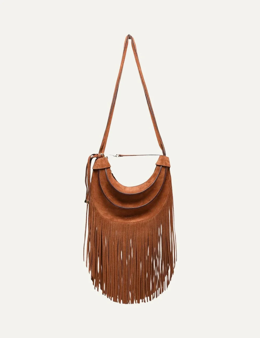 Farm Rio Women’s Brown Suede Fringe Hobo Bag front view