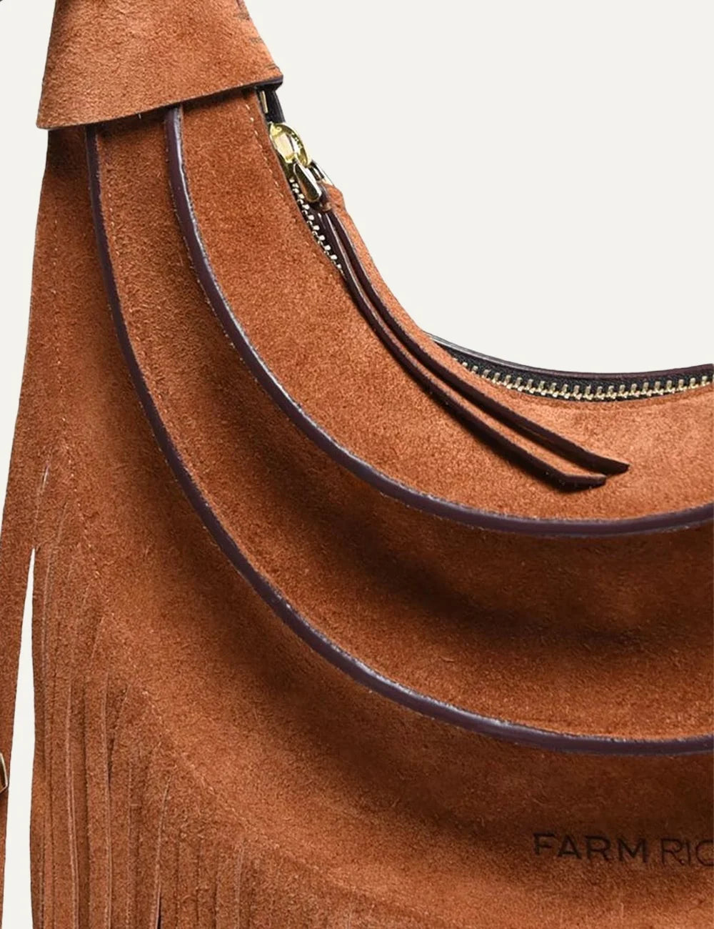 Farm Rio Women’s Brown Suede Fringe Hobo Bag close up details