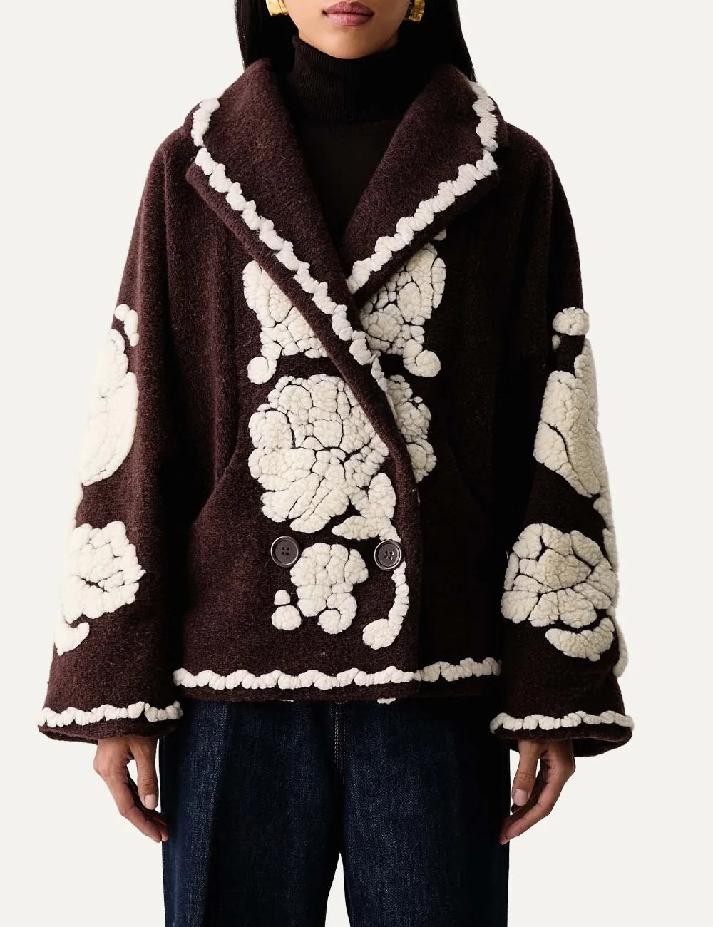  Farm Rio Women’s Brown Wool-Blend Floral Coat front view