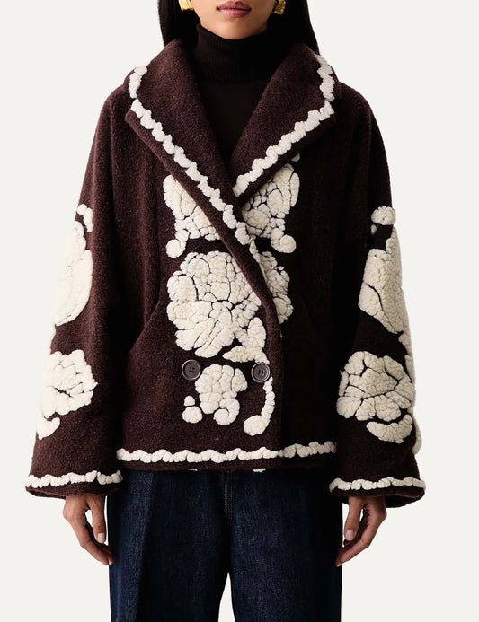  Farm Rio Women’s Brown Wool-Blend Floral Coat front view