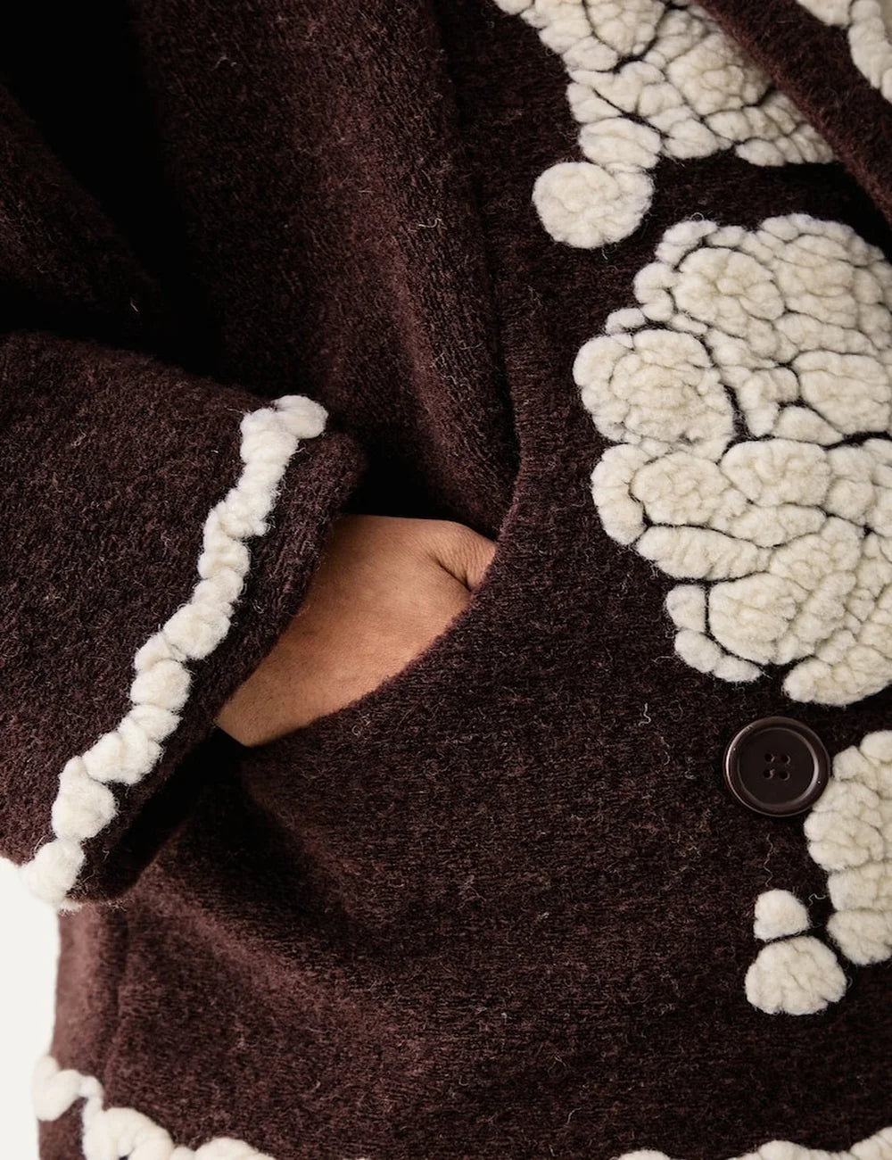  Farm Rio Women’s Brown Wool-Blend Floral Coat pocket detail