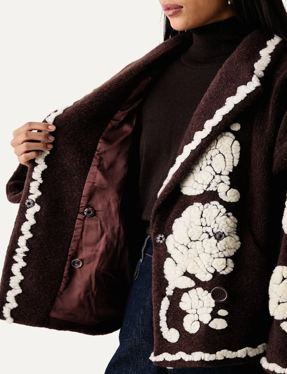  Farm Rio Women’s Brown Wool-Blend Floral Coat inside details view