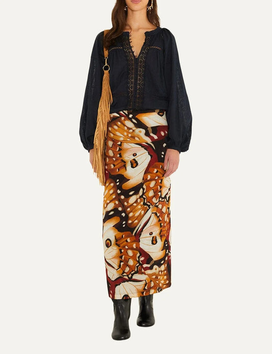  Farm Rio Women’s Multicolour Butterfly-Print Jersey Midi Skirt front view full look