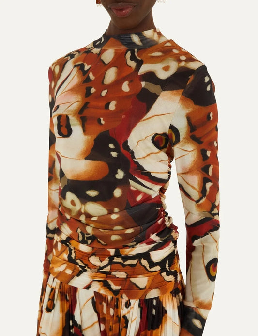  Farm Rio Women’s Multicolour Butterfly-Print Ruched Tulle Blouse front view