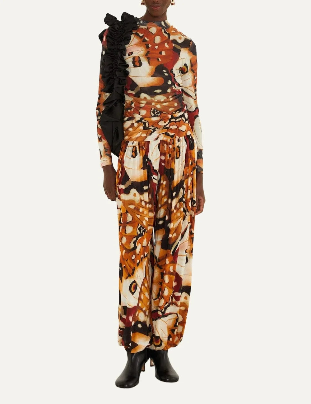  Farm Rio Women’s Multicolour Butterfly-Print Ruched Tulle Blouse full look