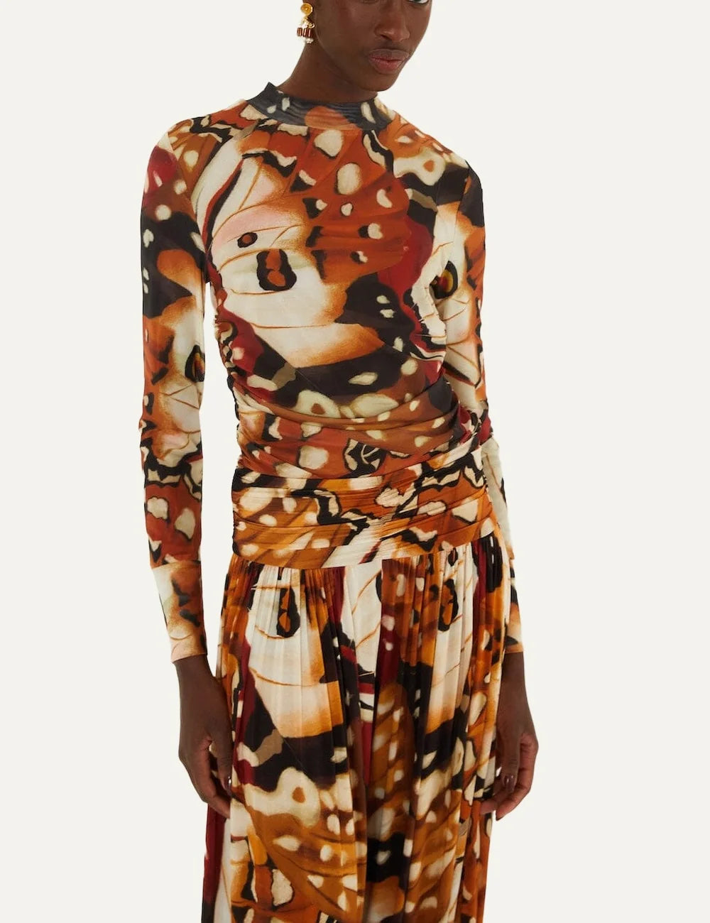   Farm Rio Women’s Multicolour Butterfly-Print Ruched Tulle Blouse details front view