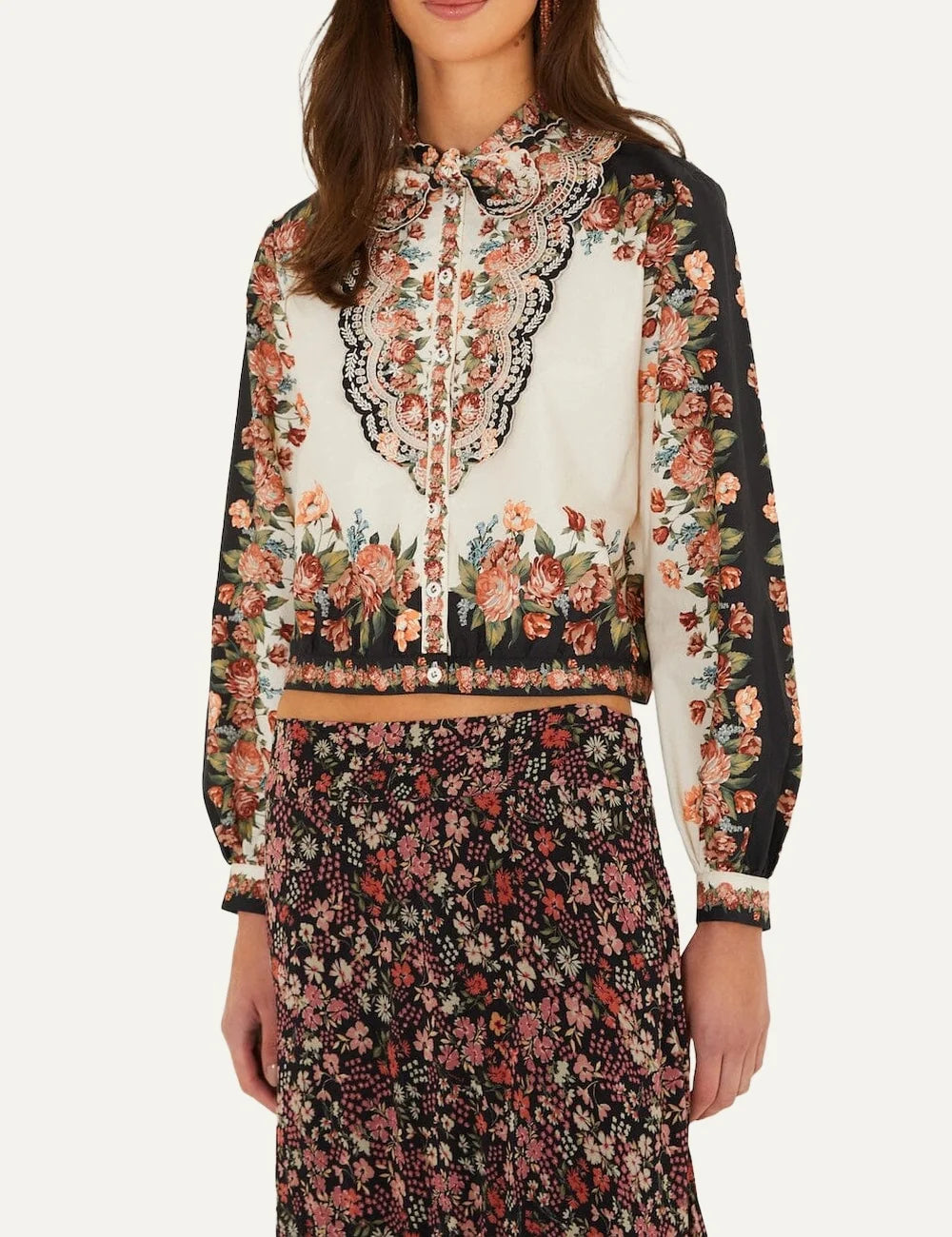 Farm Rio Women’s Multicolour Winter Floral Cropped Shirt front view