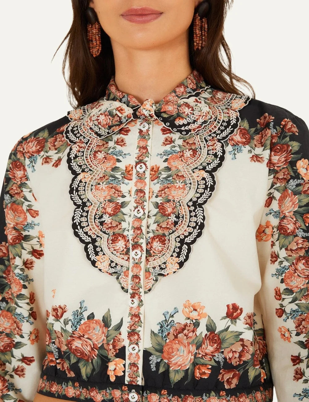 Farm Rio Women’s Multicolour Winter Floral Cropped Shirt close up details