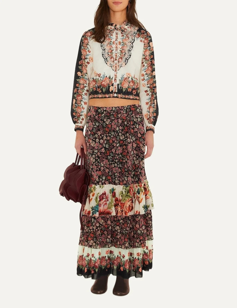 Farm Rio Women’s Multicolour Winter Floral Cropped Shirt front view full look
