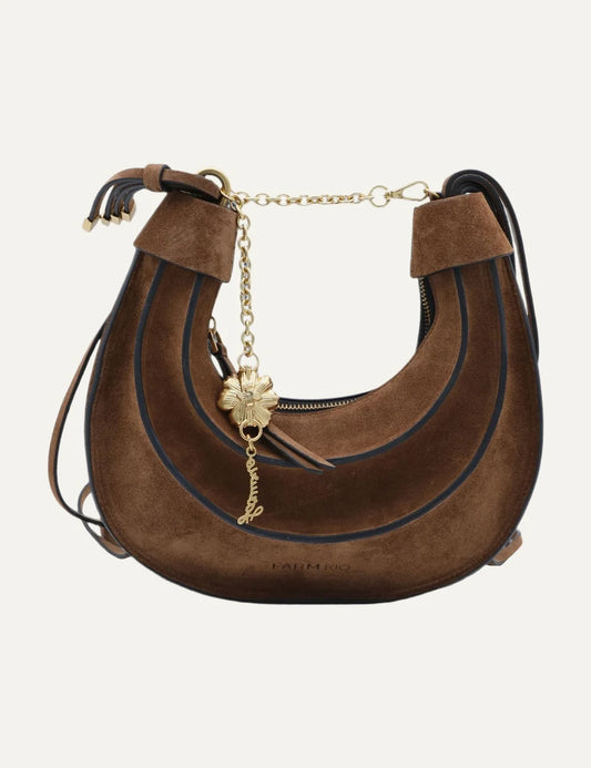 Farm Rio Women’s Walnut Brown Suede Shoulder Bag front view