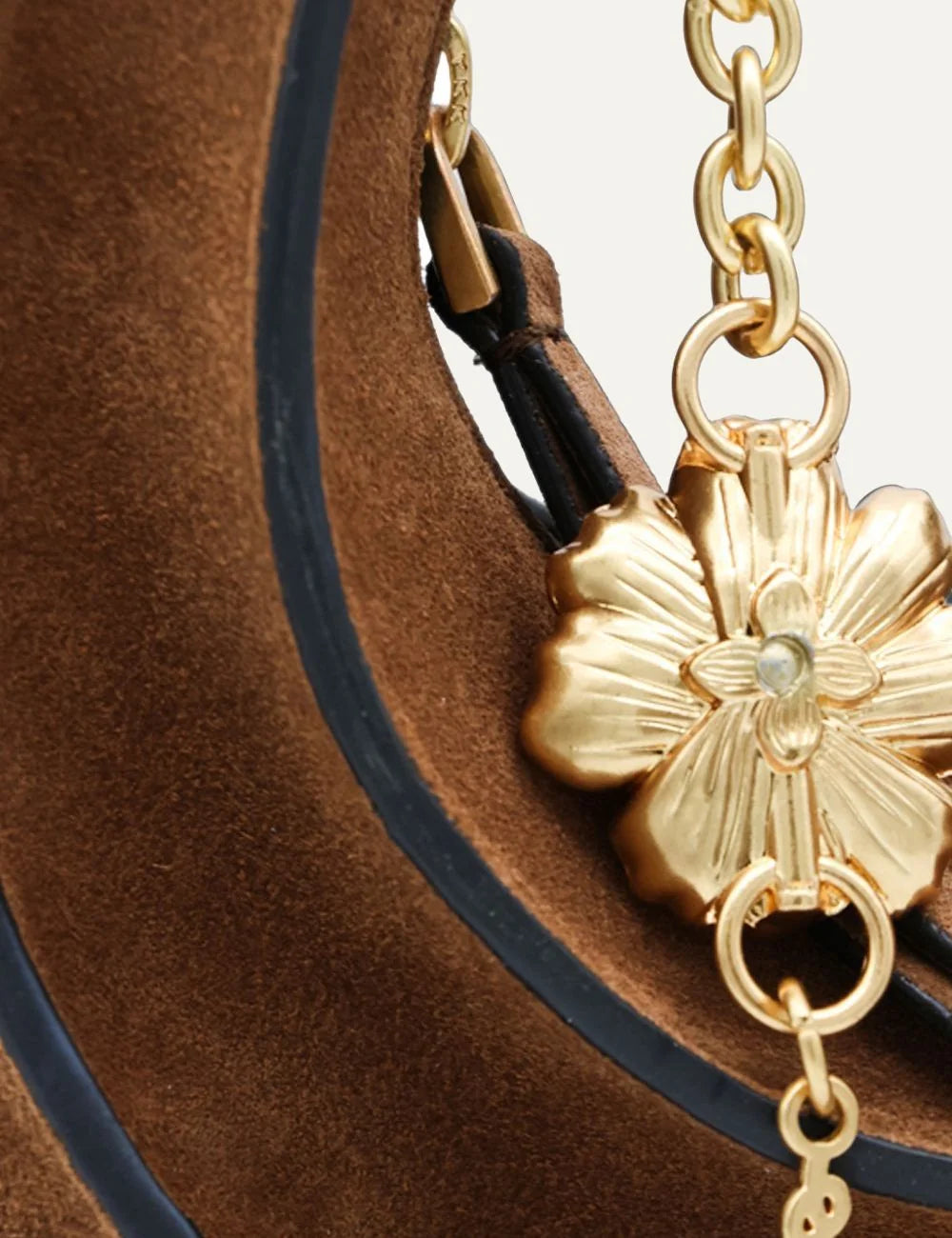Farm Rio Women’s Walnut Brown Suede Shoulder Bag close up charm details