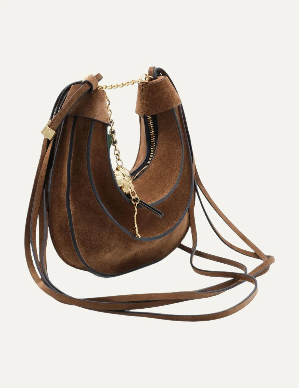Farm Rio Women’s Walnut Brown Suede Shoulder Bag side view with straps details