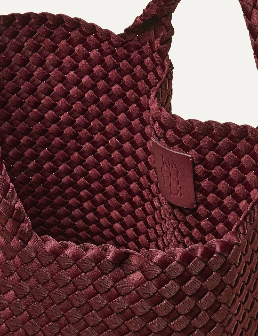 Women's Naghedi St. Barths Medium Tote in Bordeaux burgundy handwoven neoprene with woven handles interior view