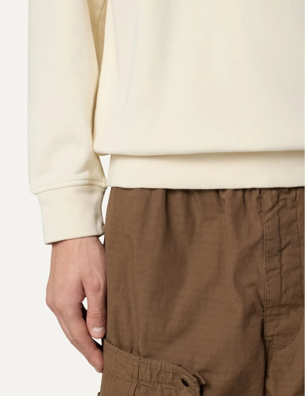 Stone Island crewneck sweatshirt ivory cotton fleece sleeve pocket detail and detail hem