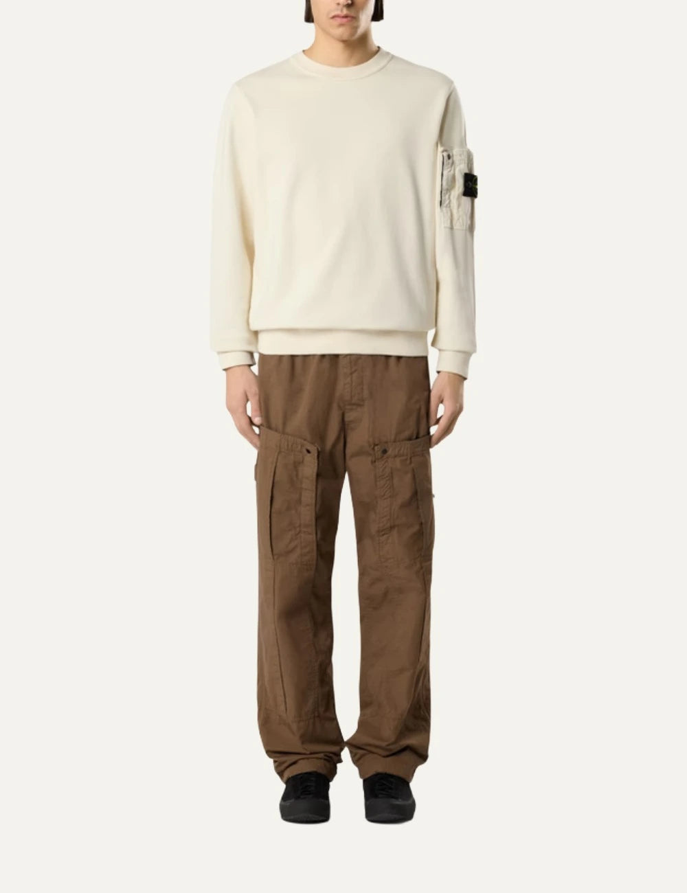 Stone Island crewneck sweatshirt ivory cotton fleece sleeve pocket detail full look