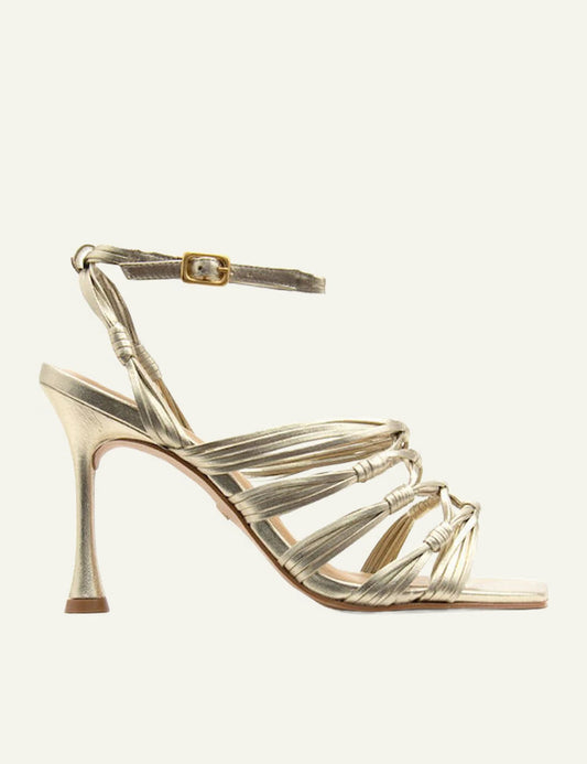 Carrano strappy sandal gold leather stiletto side view