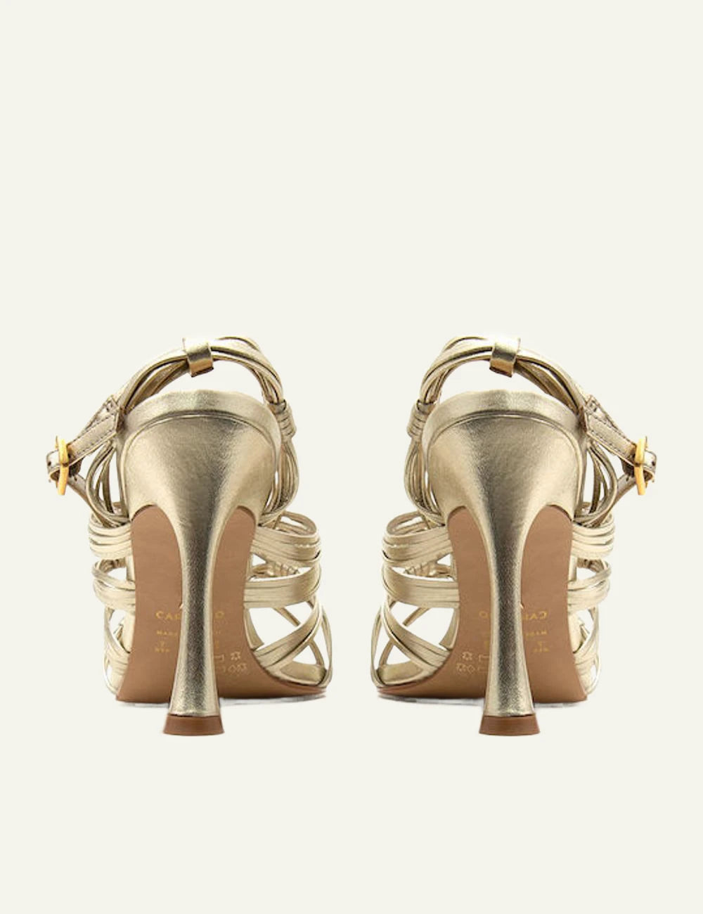 Carrano strappy sandal gold leather stiletto back view