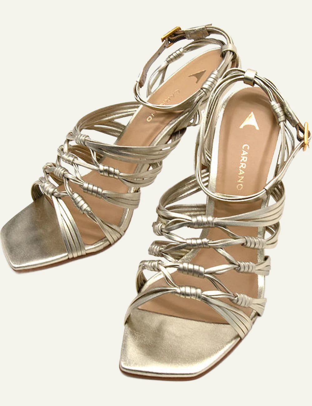 Carrano strappy sandal gold leather stiletto top view