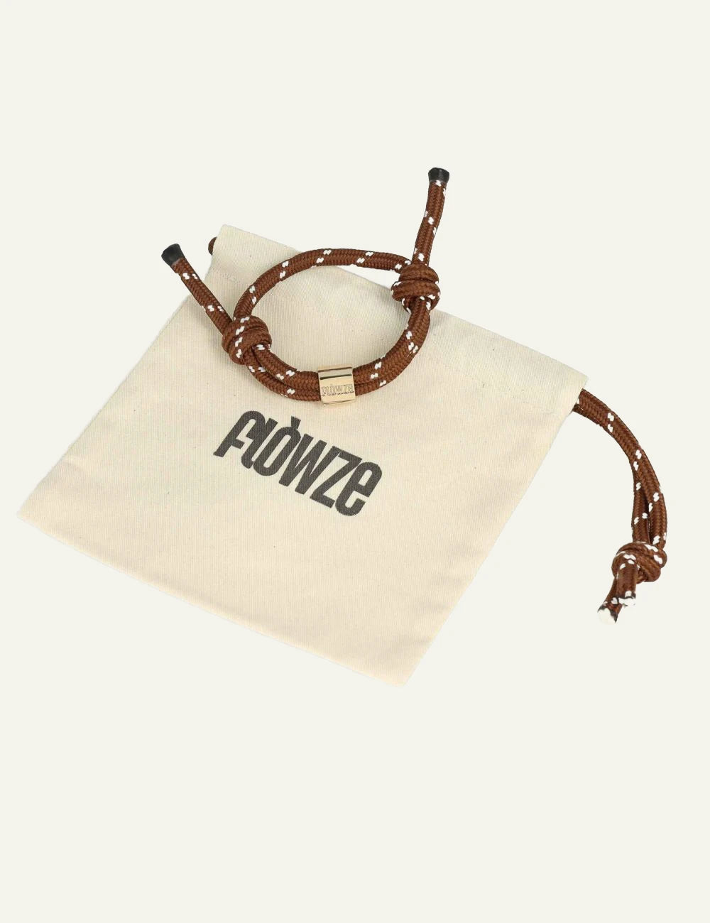 Flowze Flo Brace bracelet brown braided rope white detail gold logo front detail view