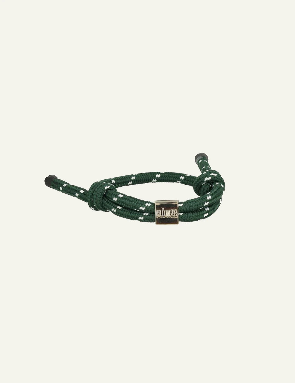 Flowze Flo Brace bracelet green braided rope white detail gold logo front view