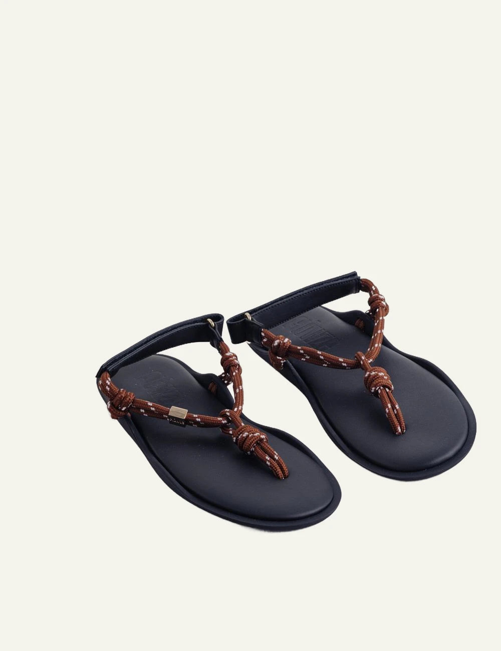 Flowze Flo sandals black sole me brown rope straps angled view