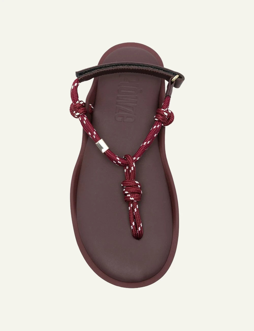 Flowze Flo sandals burgundy rope straps leather sole top view