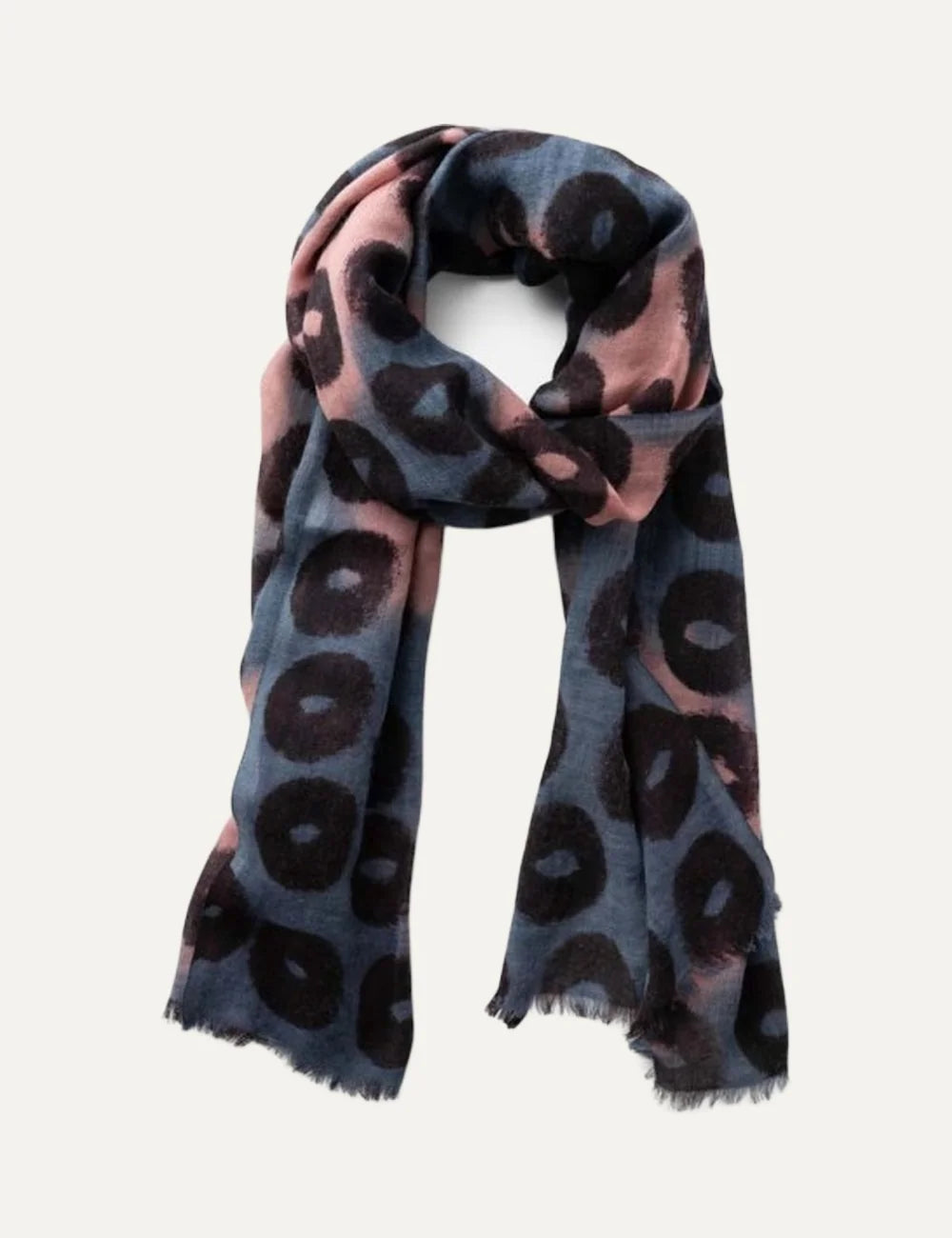 Biba rectangular wool scarf in blue, dusty pink and black with hand-painted circular pattern and fringed edges.