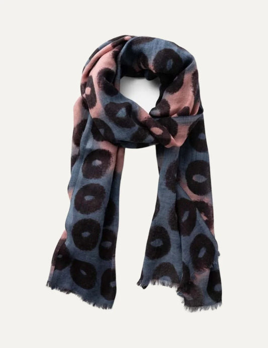 Biba rectangular wool scarf in blue, dusty pink and black with hand-painted circular pattern and fringed edges.