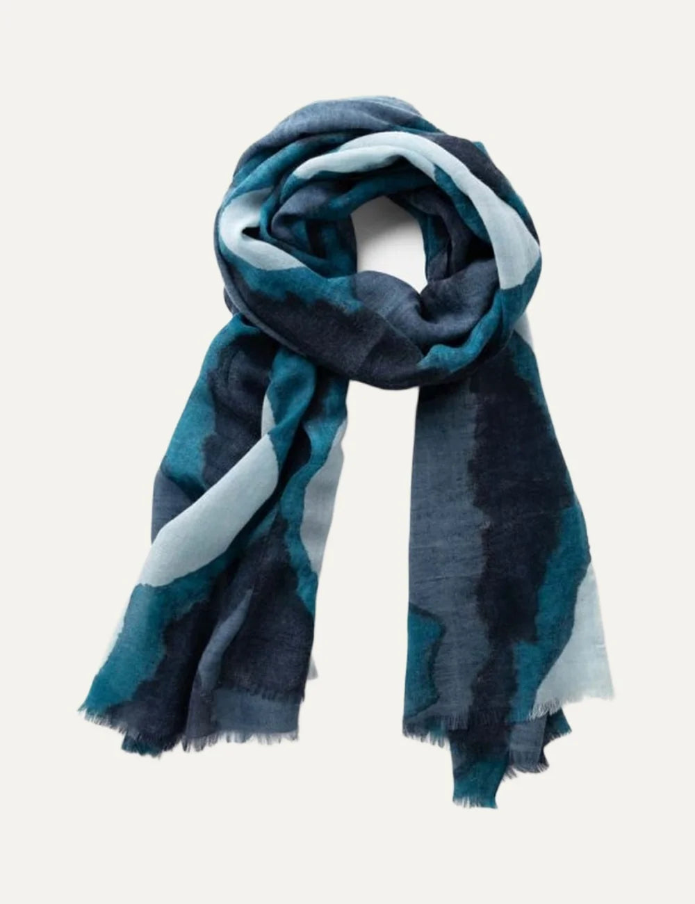 Biba wool scarf in navy, teal, grey and light blue with hand-painted abstract pattern and fringed edges.