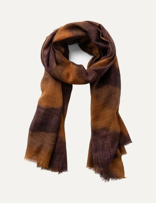 Biba rectangular wool scarf in brown, rust and burgundy with hand-painted abstract pattern and fringed edges.
