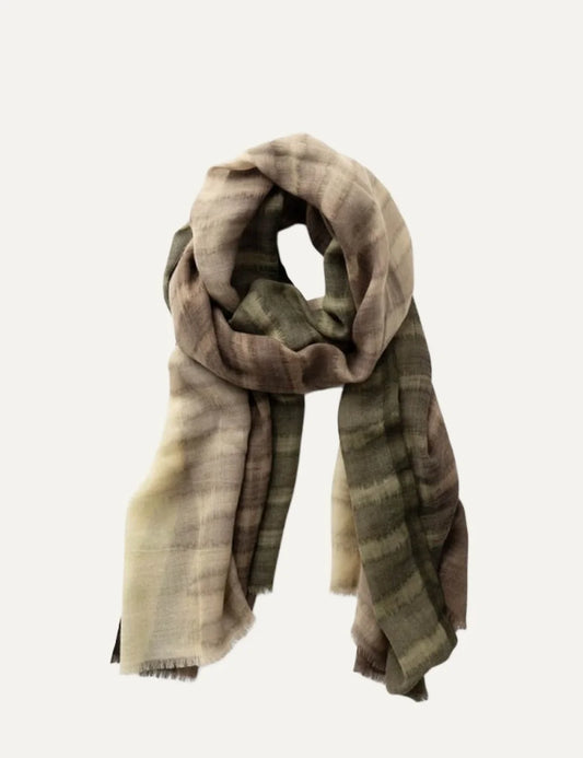 Biba rectangular wool scarf in beige, olive green and brown with soft plaid pattern and fringed edges.