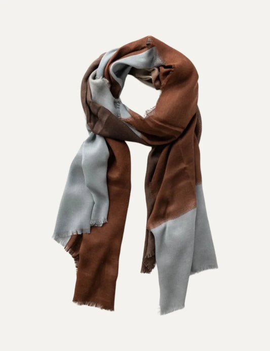 Biba rectangular brown and light grey modal wool scarf with hand-painted abstract color blocks and fringed edges.