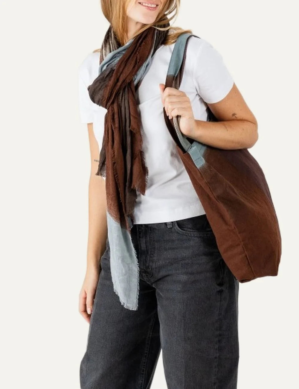 Biba rectangular brown and light grey modal wool scarf with hand-painted abstract color blocks and fringed edges model