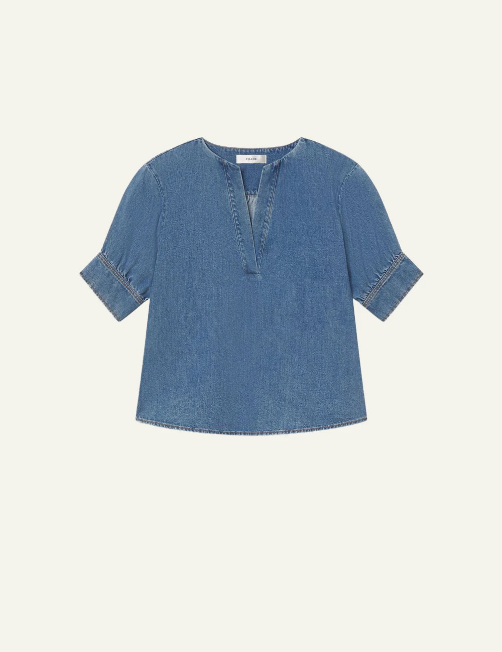 Frame denim v neck popover top blue lightweight lyocell blend short sleeve front flat view