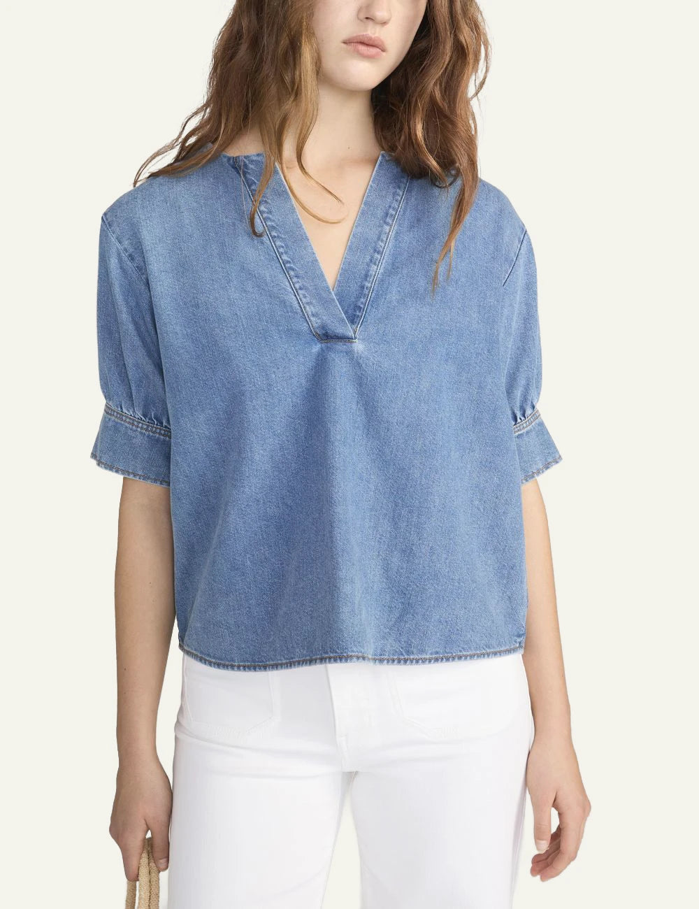 Frame denim v neck popover top blue lightweight lyocell blend short sleeve front model view