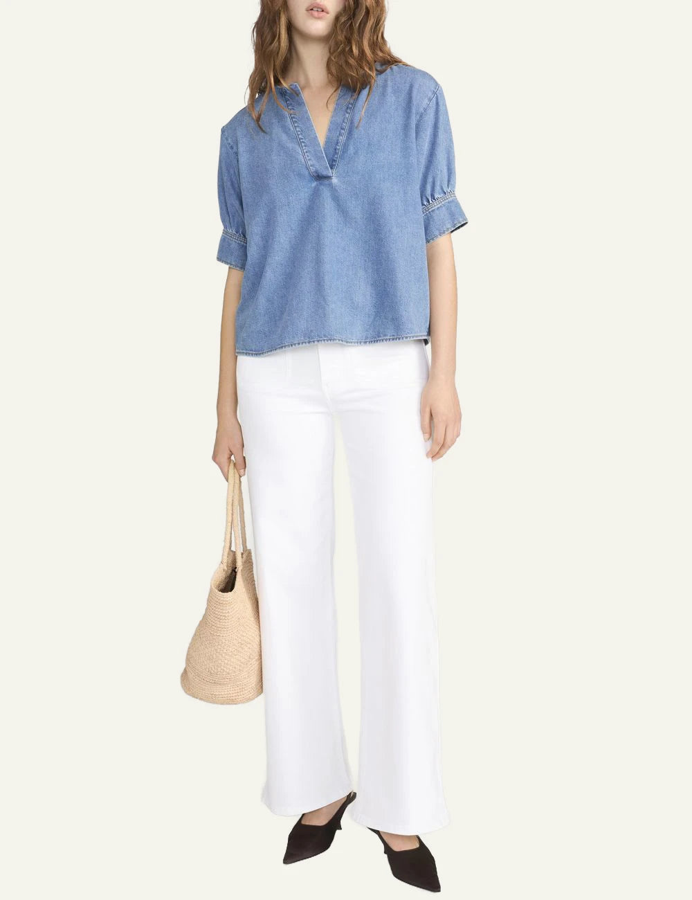 Frame denim v neck popover top blue lightweight lyocell blend short sleeve front full body view