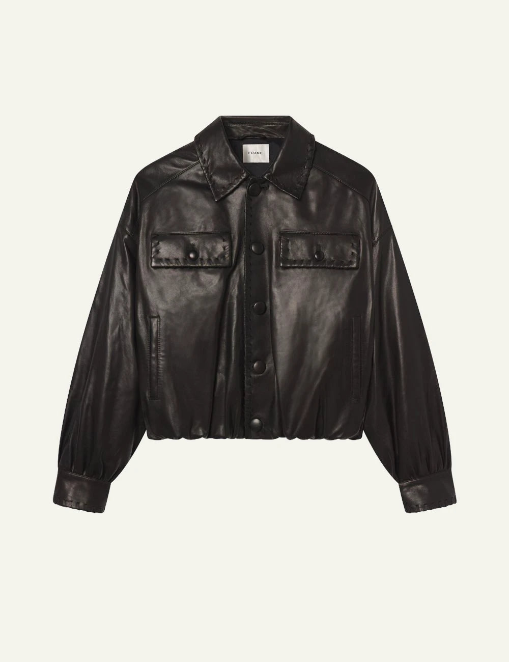 Frame leather bubble jacket black lamb leather oversized fit bubble hem front flat view