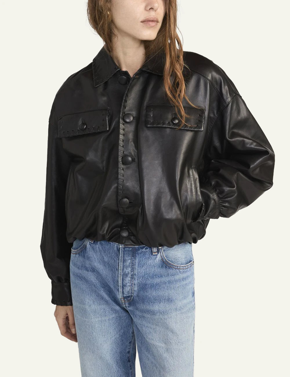 Frame leather bubble jacket black lamb leather oversized fit bubble hem front model