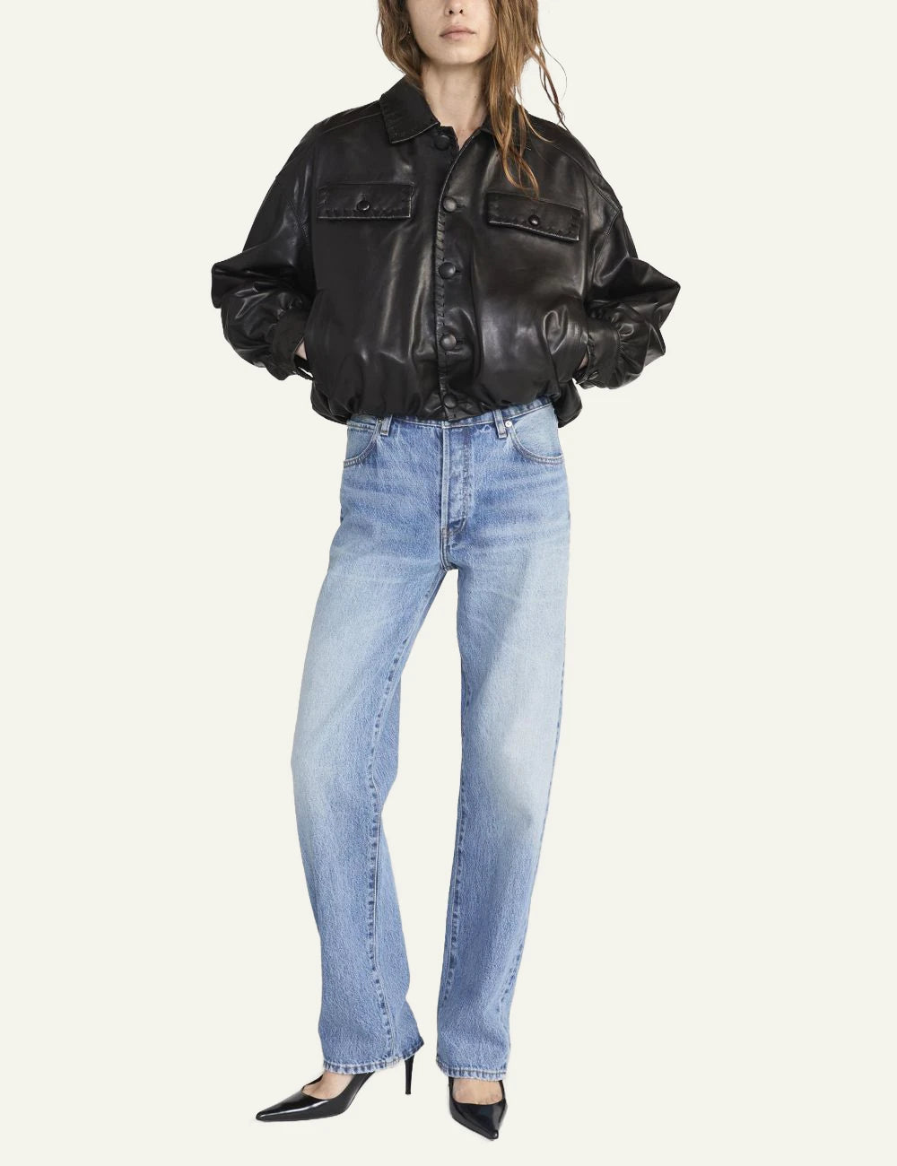 Frame leather bubble jacket black lamb leather oversized fit bubble hem front full body