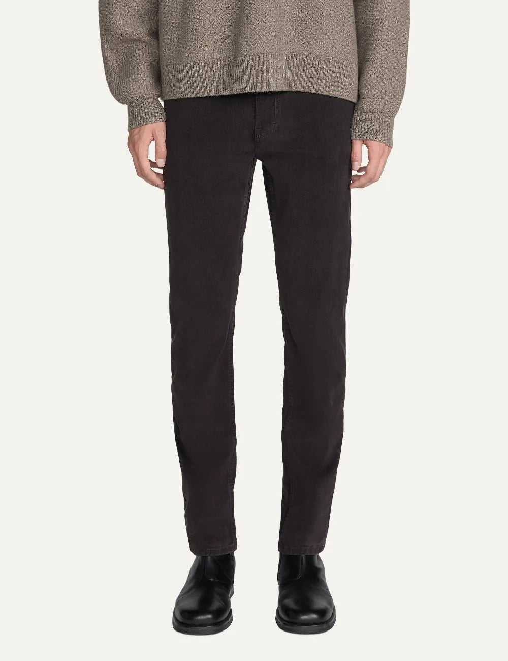 FRAME men's dark brown stretch twill straight-leg pants model
