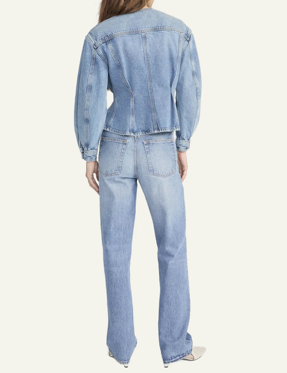 Frame nipped collarless denim jacket blue peplum waist cotton fitted back view