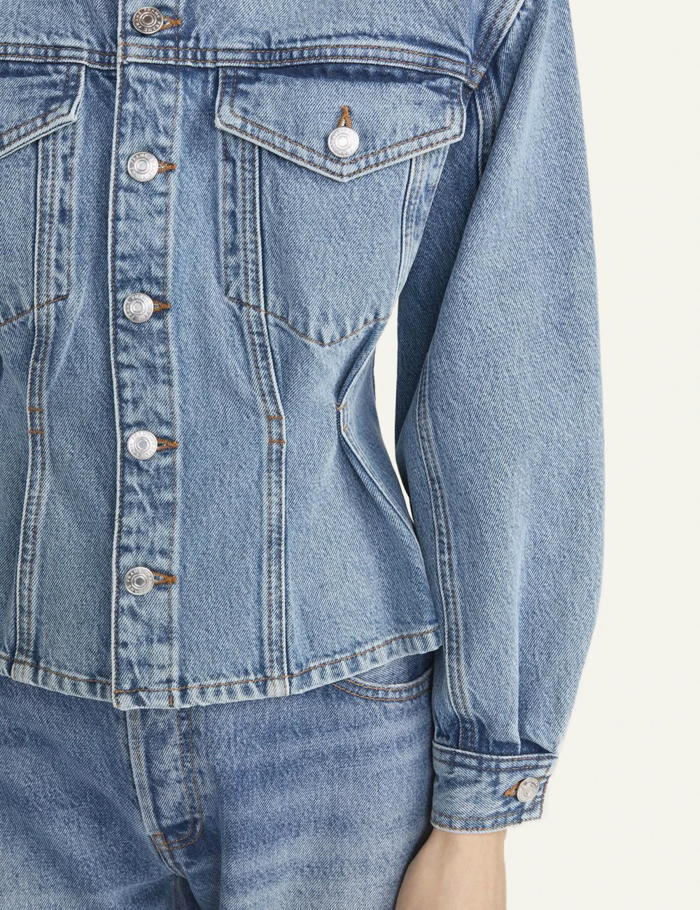 Frame nipped collarless denim jacket blue peplum waist cotton fitted front detail view