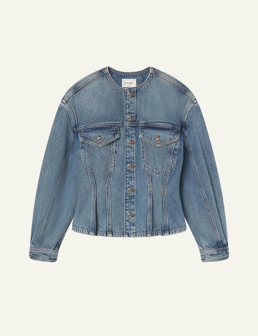 Frame nipped collarless denim jacket blue peplum waist cotton fitted front flat view