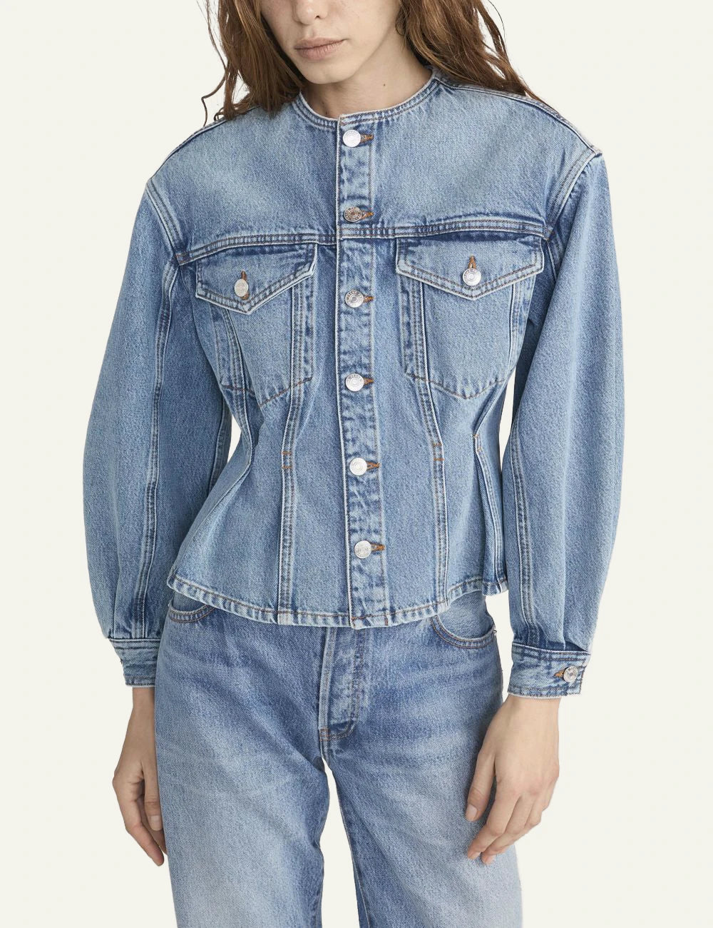 Frame nipped collarless denim jacket blue peplum waist cotton fitted front model view