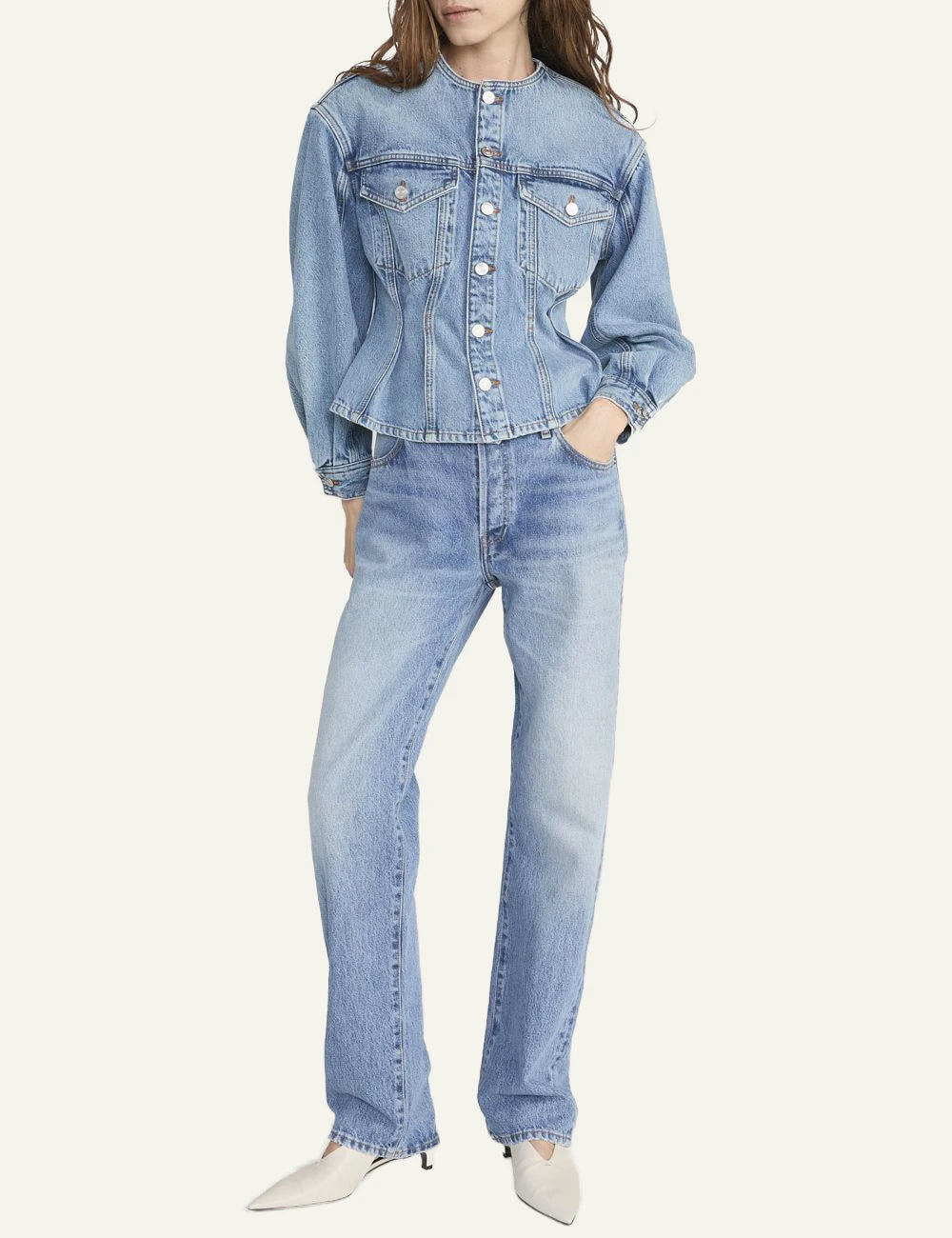 Frame nipped collarless denim jacket blue peplum waist cotton fitted front full body