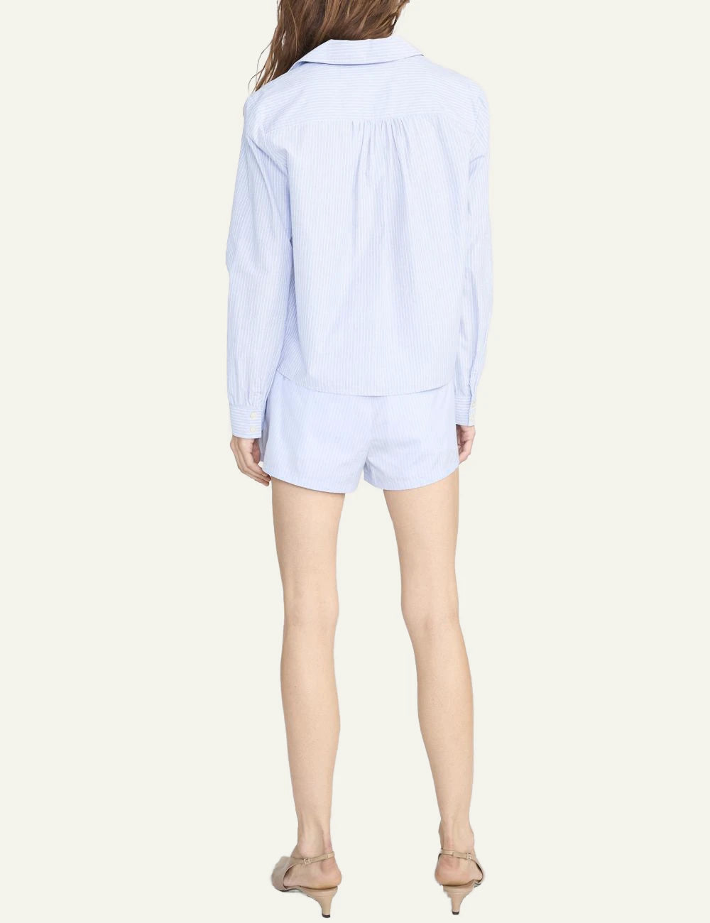 Frame striped harbor shorts light blue cotton tailored fit button detail back view