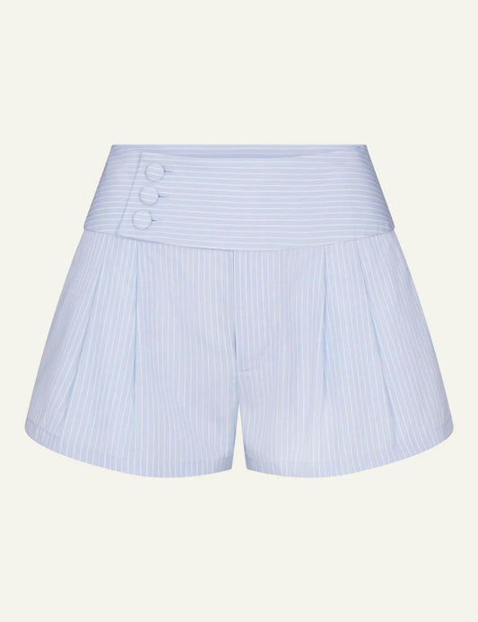 Frame striped harbor shorts light blue cotton tailored fit button detail front flat view