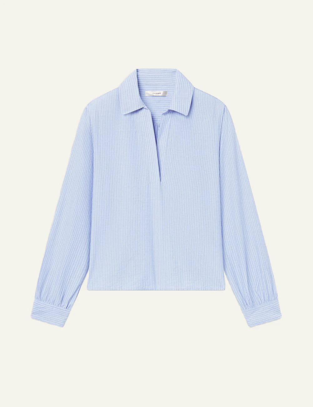 Frame striped popover top light blue cotton poplin relaxed fit long sleeve front flat view